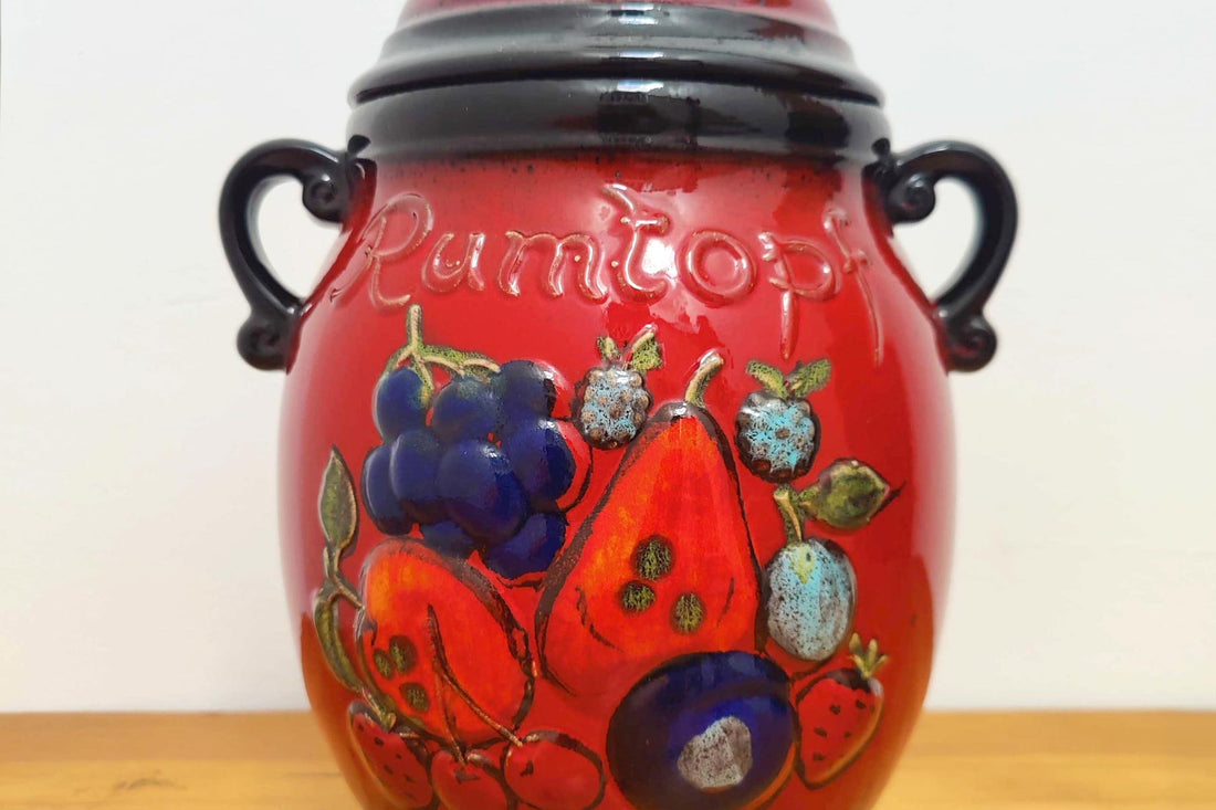 Scheurich Keramik West German rumtopf in volcanic red flambe glaze with embossed fruit decoration
