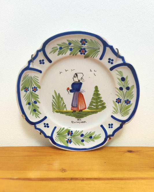 HB Quimper Faience Wall Plate - Breton Peasant Woman, Brittany, France, c.1960
