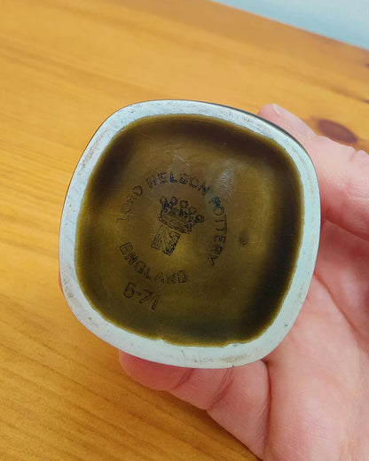 Title Lord Nelson Pottery Vase - Basketweave Relief, Olive Glaze, England 1971