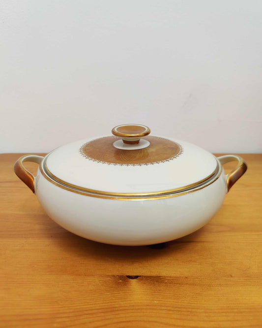 Winterling Marktleuthen Bavaria Lidded Porcelain Serving Tureen - Burnished Gold Sunburst Decoration, c.1950